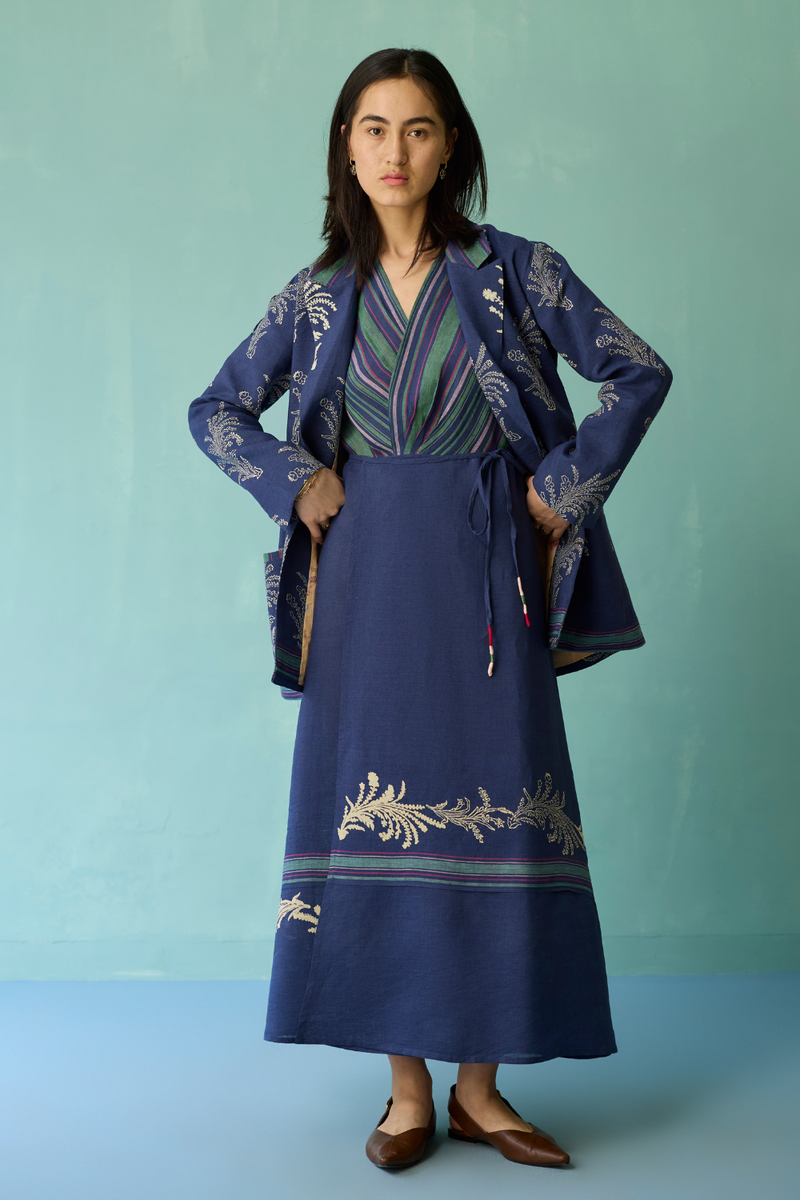 Sira Border Linen Floral Co-ord Set - Indigo linen co-ord set by Manan in navy for women Worldwide