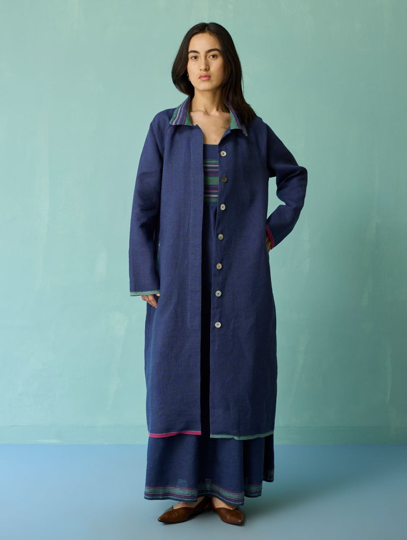 Pera Border Linen Co-ord Set - Indigo linen co-ord set by Manan in navy for women Worldwide