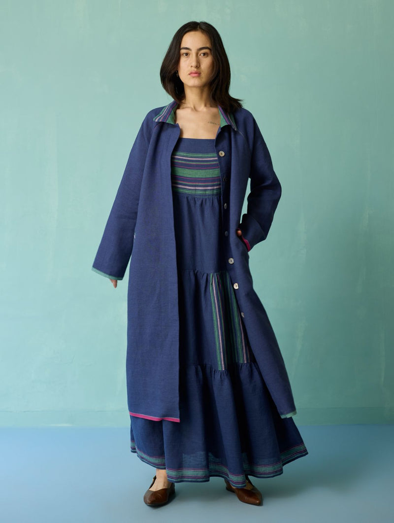 Pera Border Linen Co-ord Set - Indigo linen co-ord set by Manan in navy for women Worldwide
