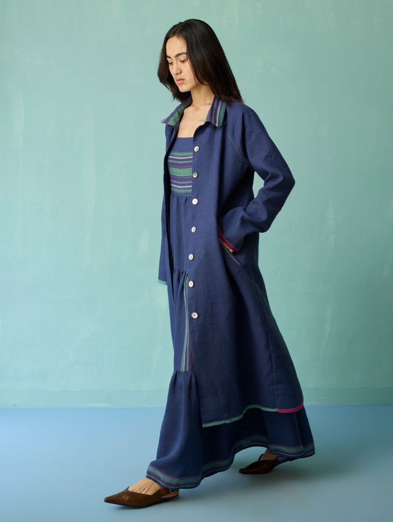 Pera Border Linen Co-ord Set - Indigo linen co-ord set by Manan in navy for women Worldwide