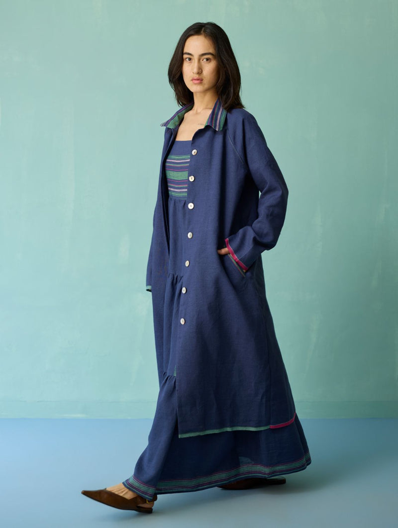 Pera Border Linen Co-ord Set - Indigo linen co-ord set by Manan in navy for women Worldwide