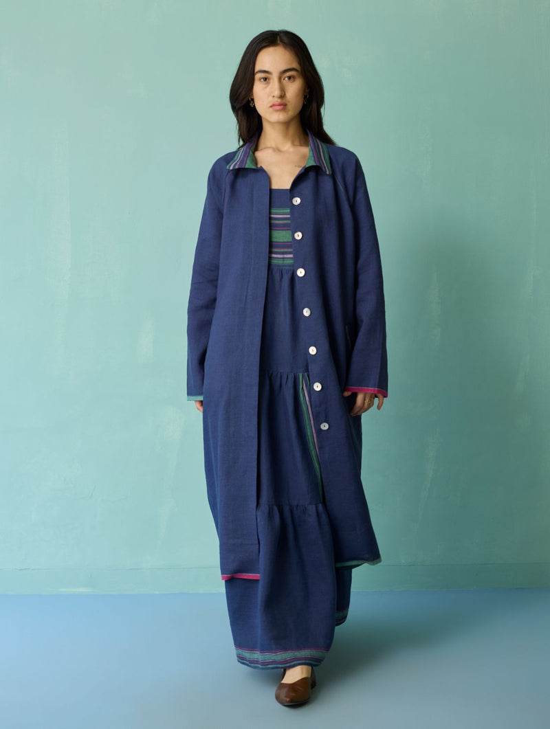 Pera Border Linen Co-ord Set - Indigo linen co-ord set by Manan in navy for women Worldwide