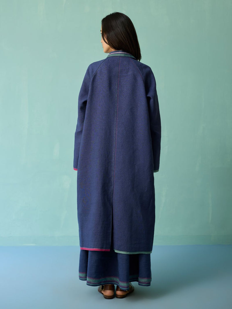 Pera Border Linen Co-ord Set - Indigo linen co-ord set by Manan in navy for women Worldwide