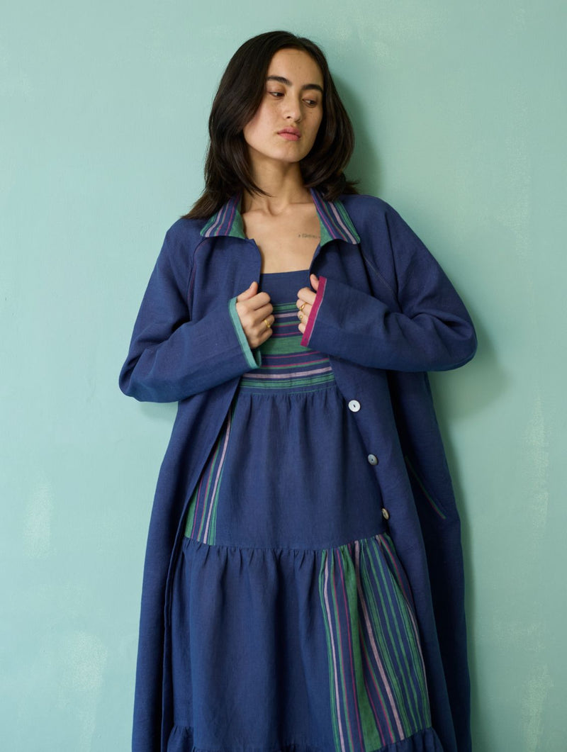 Pera Border Linen Co-ord Set - Indigo linen co-ord set by Manan in navy for women Worldwide