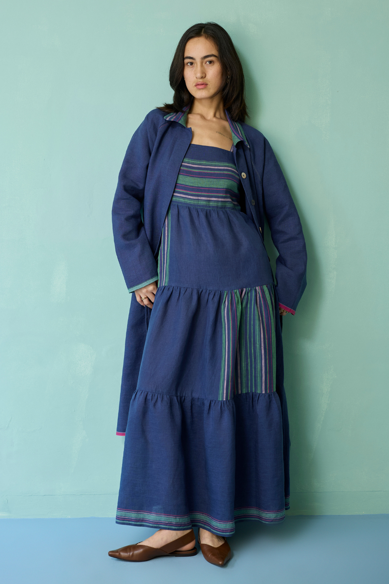 Pera Border Linen Co-ord Set - Indigo linen co-ord set by Manan in navy for women Worldwide