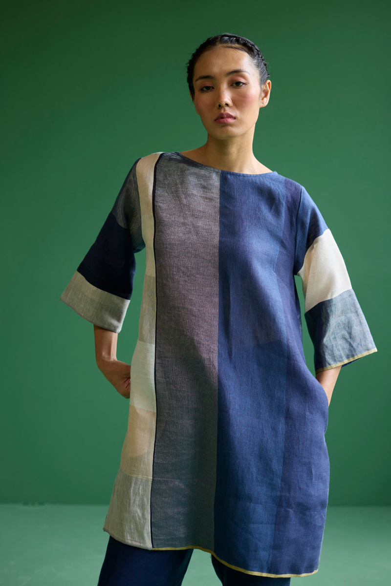 Lina Color-Blocked Co-ord Set
 - Navy linen by Manan in navy color for women Worldwide