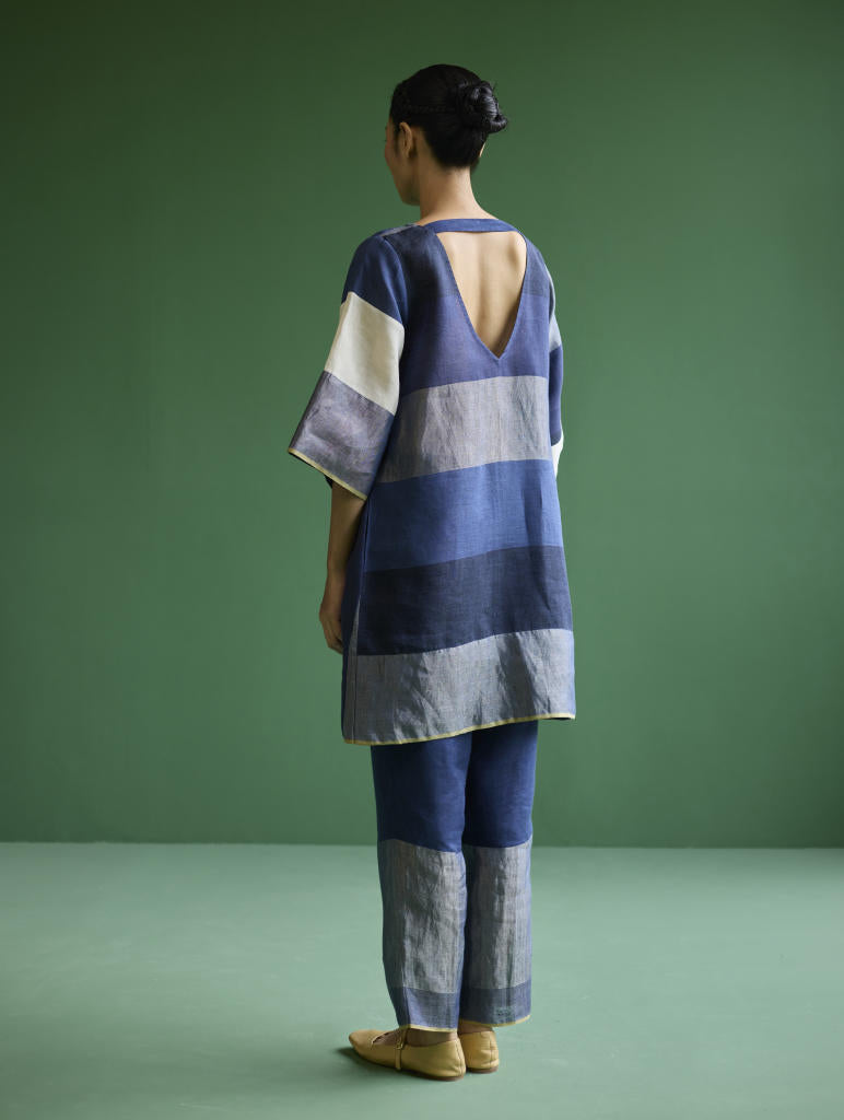 Lina Color-Blocked Co-ord Set
 - Navy linen by Manan in navy color for women Worldwide