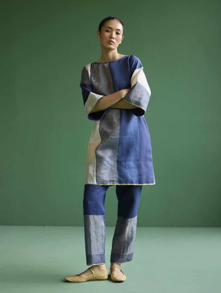 Lina Color-Blocked Co-ord Set
 - Navy linen by Manan in navy color for women Worldwide