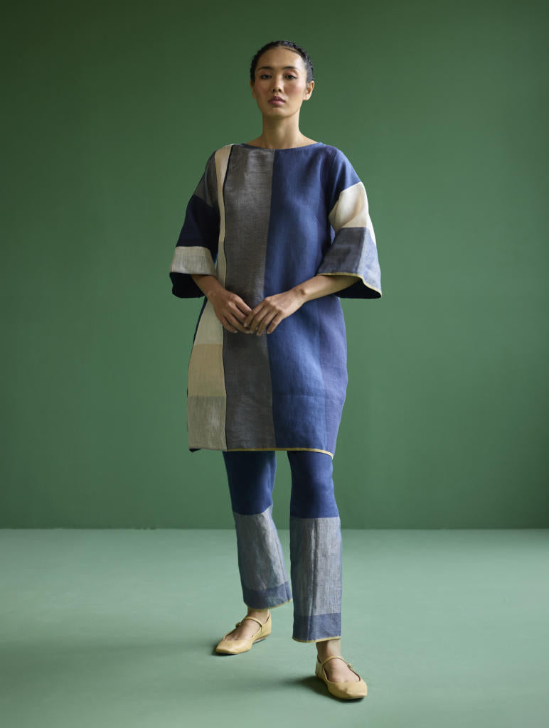 Lina Color-Blocked Co-ord Set
 - Navy linen by Manan in navy color for women Worldwide