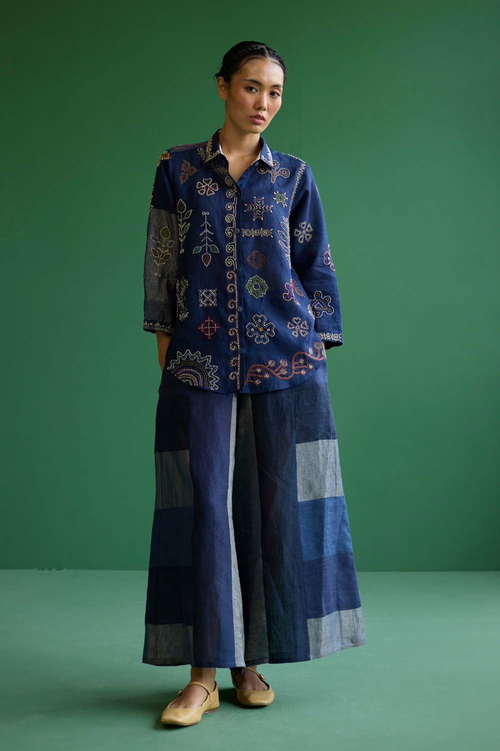 Tansa Hand-Embroidered Metallic Linen Shirt
 - Navy