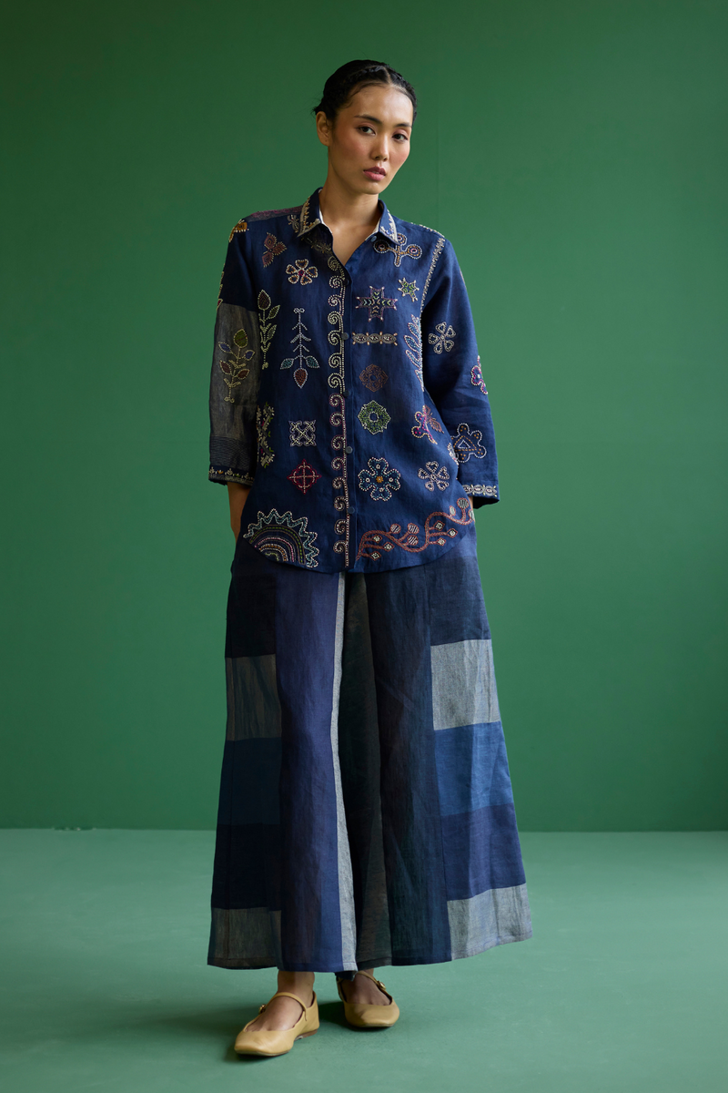Tansa Hand-Embroidered Co-ord Set - Navy linen by Manan in navy color for women Worldwide