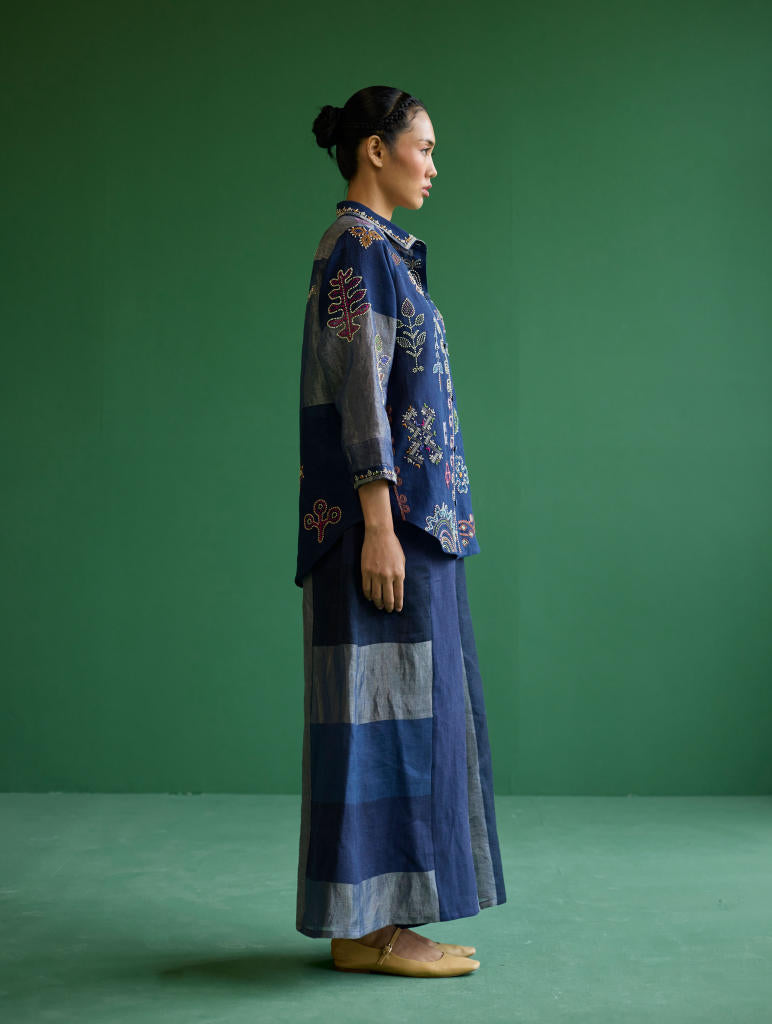 Tansa Hand-Embroidered Metallic Linen Shirt
 - Navy linen by Manan in navy color for women Worldwide
