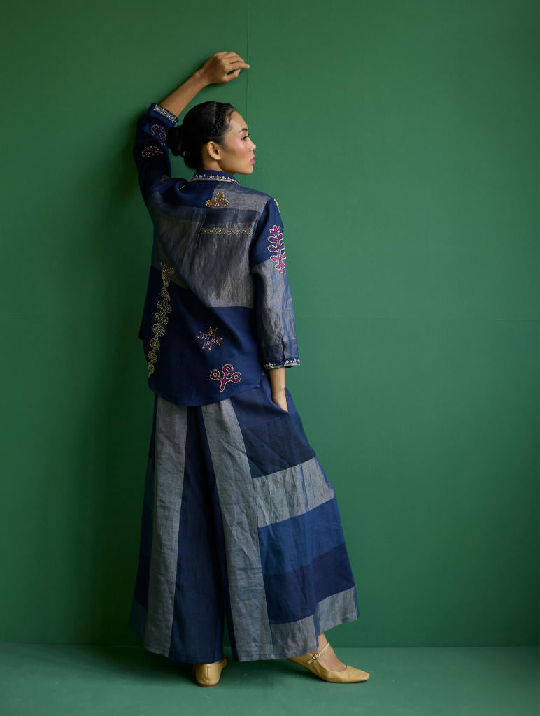 Tansa Hand-Embroidered Co-ord Set - Navy linen by Manan in navy color for women Worldwide