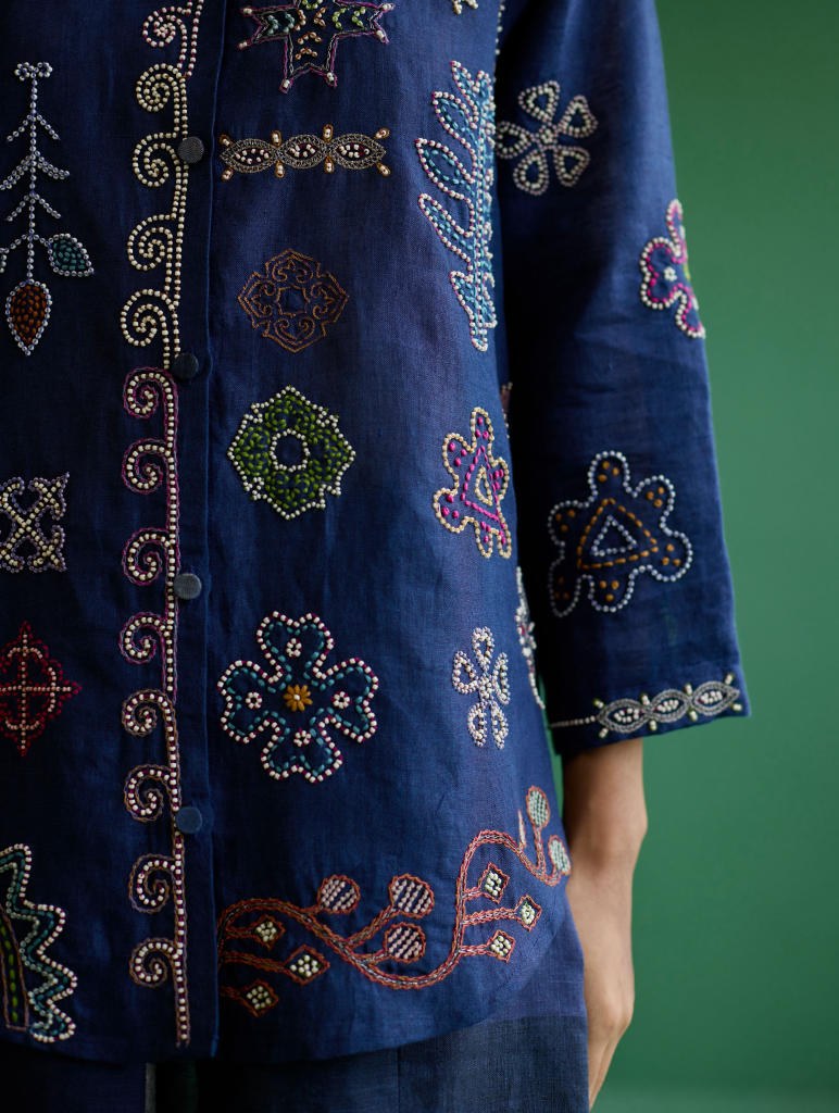 Tansa Hand-Embroidered Metallic Linen Shirt
 - Navy