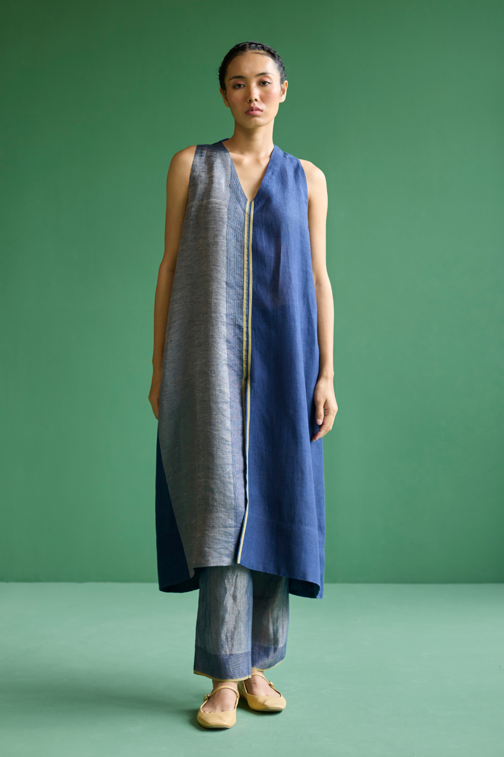 Ayana Metallic Linen Border Top - Navy