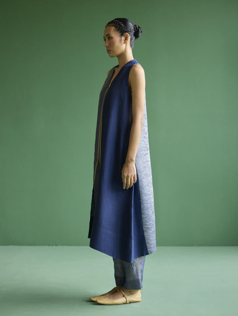 Ayana Metallic Linen Border Top - Navy linen by Manan in navy color for women Worldwide