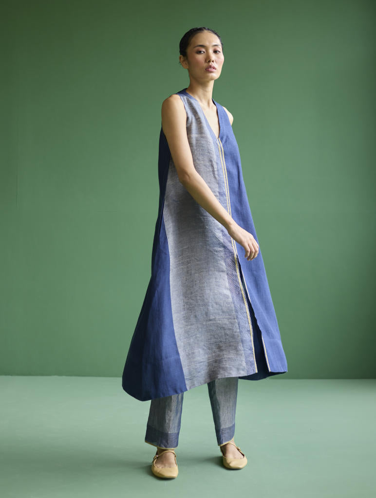 Ayana Metallic Linen Border Top - Navy linen by Manan in navy color for women Worldwide