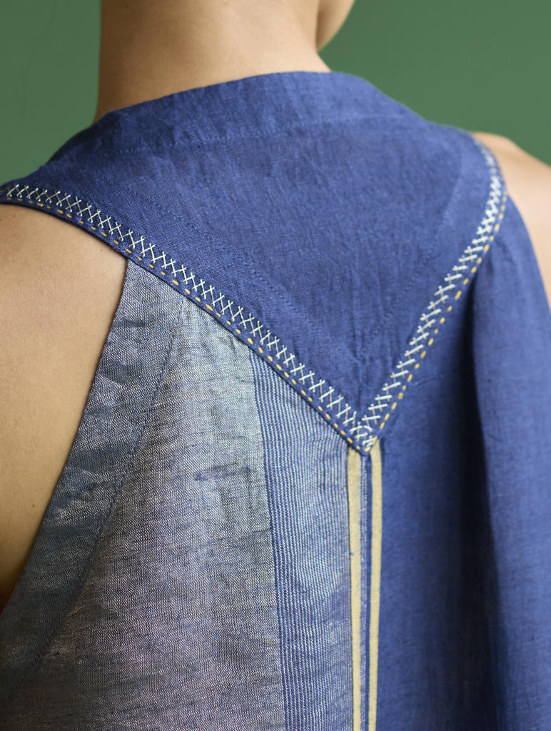 Ayana Metallic Linen Border Top - Navy linen by Manan in navy color for women Worldwide