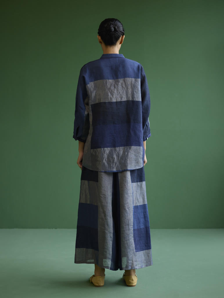 Izara Stripe Patchwork Linen Shirt
 - Navy linen by Manan in navy color for women Worldwide