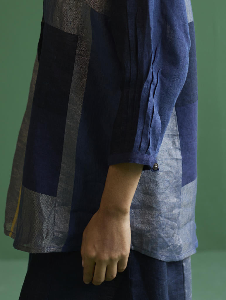 Izara Stripe Patchwork Linen Shirt
 - Navy linen by Manan in navy color for women Worldwide