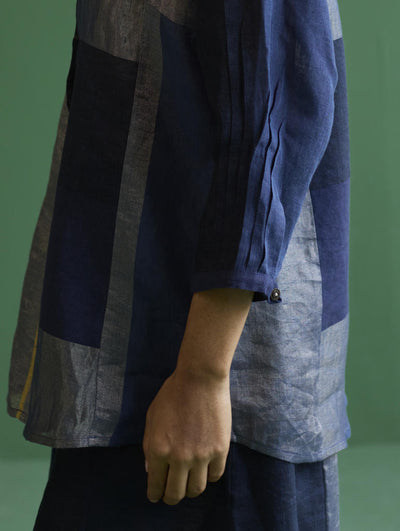 Izara Stripe Patchwork Linen Shirt
 - Navy