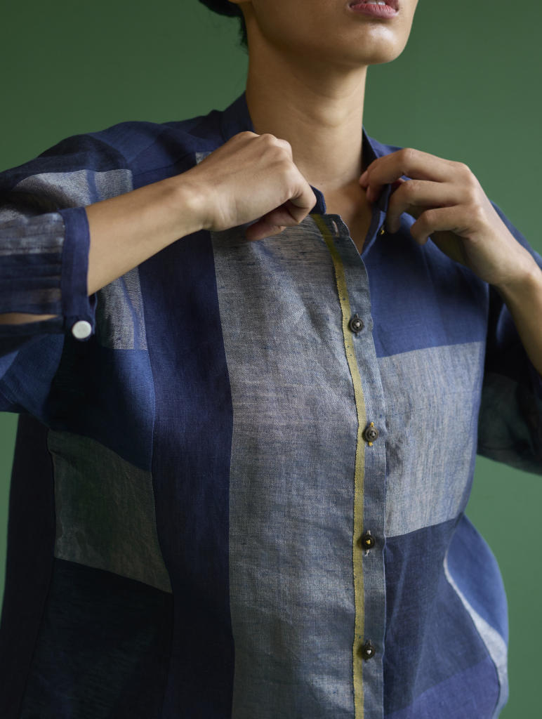 Izara Stripe Patchwork Linen Shirt
 - Navy linen by Manan in navy color for women Worldwide