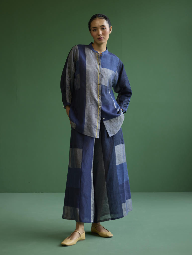 Izara Stripe Patchwork Linen Shirt
 - Navy linen by Manan in navy color for women Worldwide