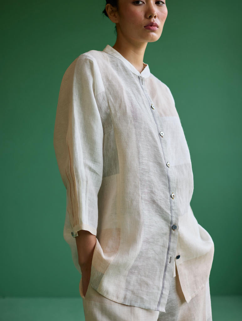 Izara Stripe Patchwork Linen Shirt
 - Ivory linen by Manan in ivory color for women Worldwide