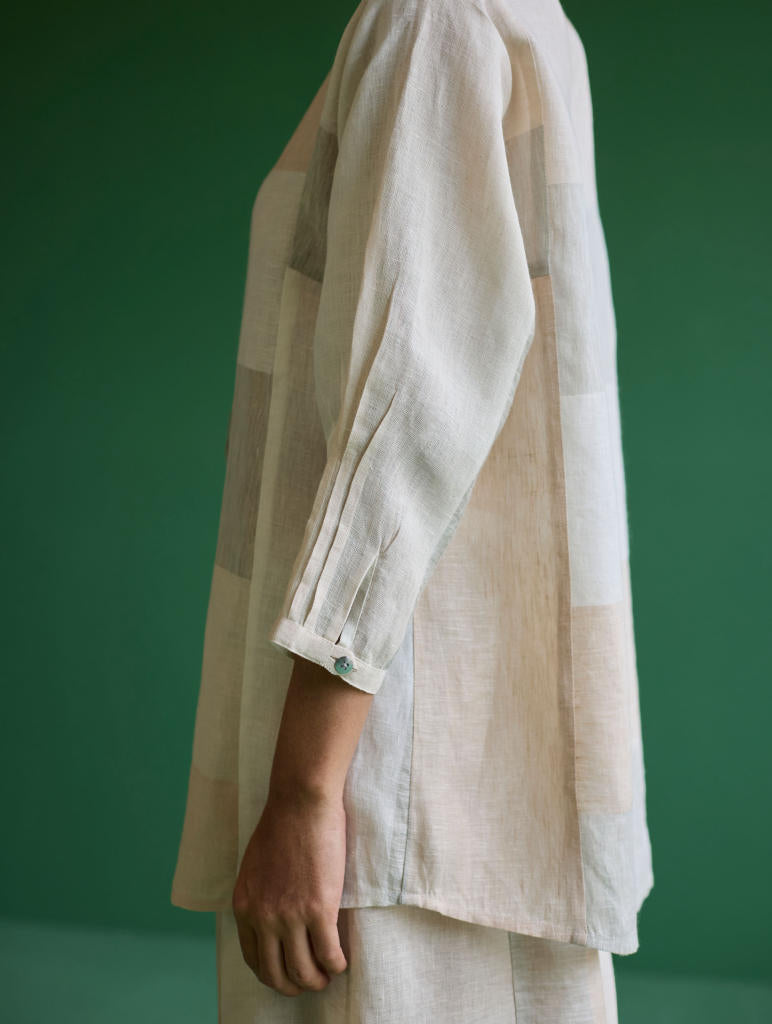 Izara Stripe Patchwork Linen Shirt
 - Ivory linen by Manan in ivory color for women Worldwide