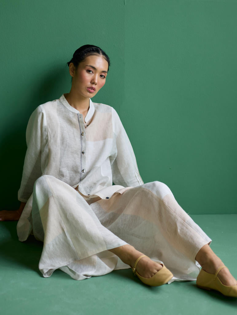 Izara Metallic Linen Co-ord Set - Ivory linen by Manan in ivory color for women Worldwide