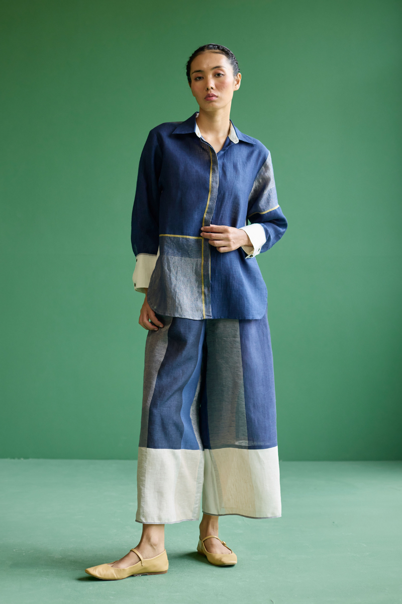 Yang Color-Blocked Co-ord Set - Navy linen by Manan in navy color for women Worldwide