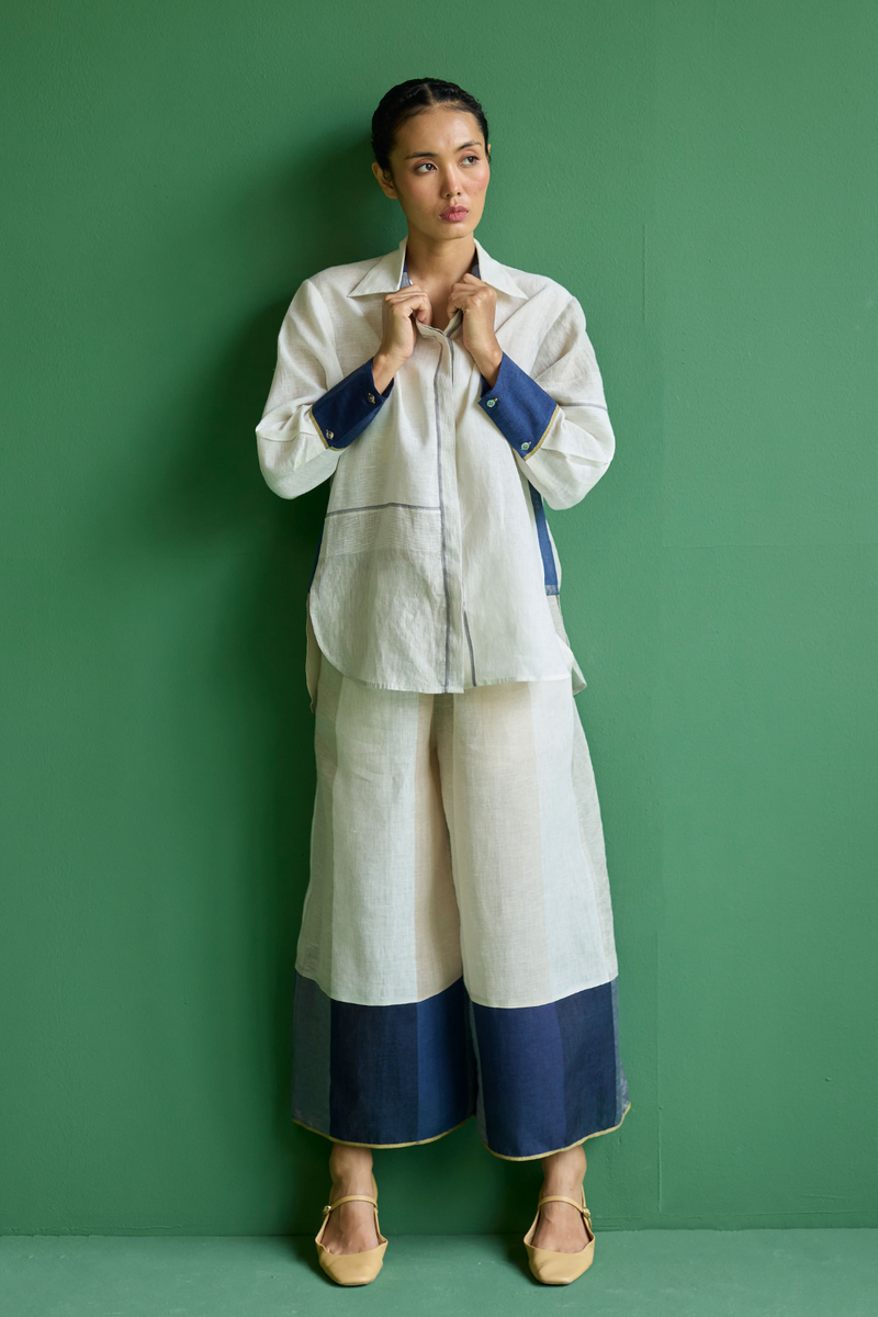 Yang Color-Blocked Co-ord Set - Ivory linen by Manan in ivory color for women Worldwide