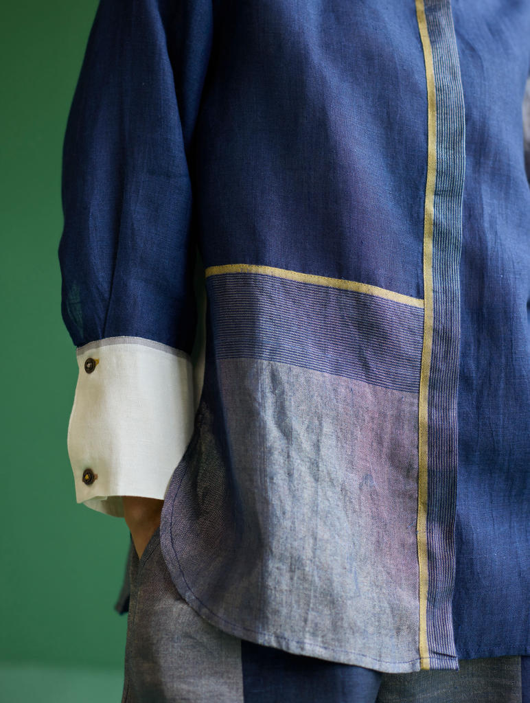Yang Color-Blocked Metallic Linen Shirt
 - Navy linen by Manan in navy color for women Worldwide
