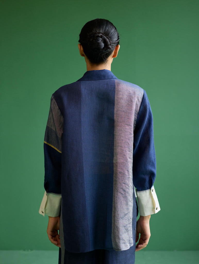 Yang Color-Blocked Metallic Linen Shirt
 - Navy