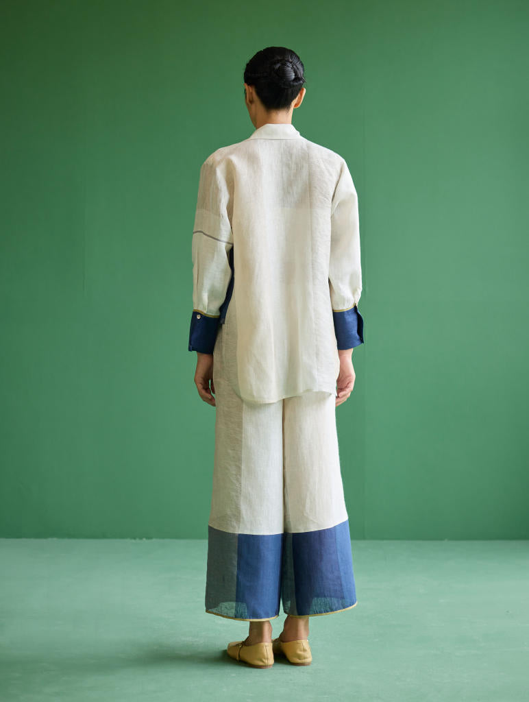 Yang Color-Blocked Metallic Linen Shirt
 - Ivory linen by Manan in ivory color for women Worldwide
