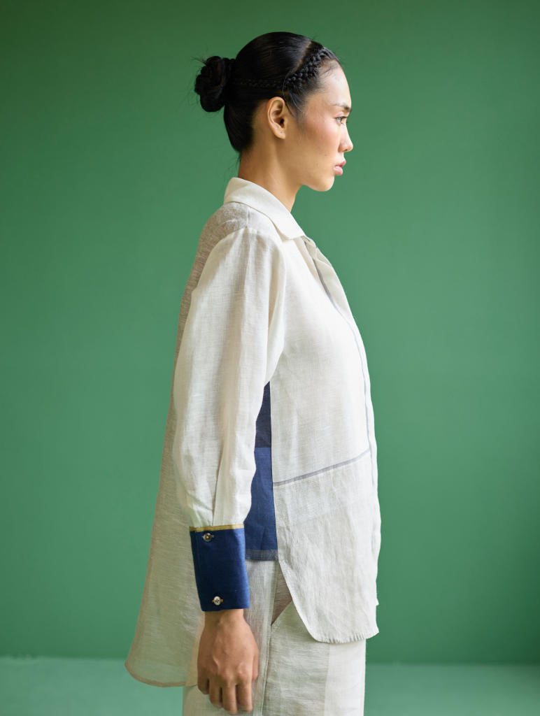 Yang Color-Blocked Metallic Linen Shirt
 - Ivory linen by Manan in ivory color for women Worldwide
