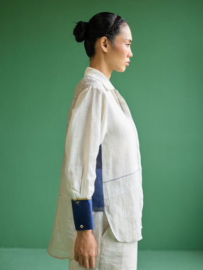 Yang Color-Blocked Metallic Linen Shirt
 - Ivory