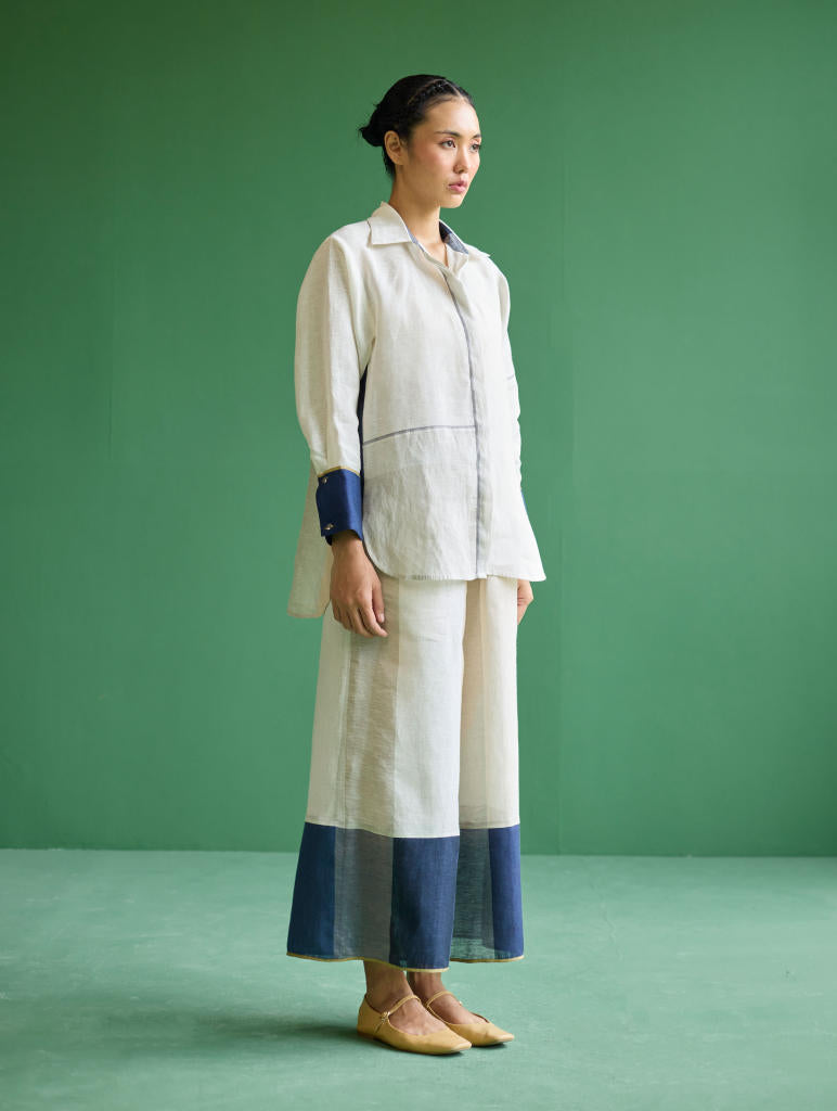 Yang Color-Blocked Metallic Linen Shirt
 - Ivory linen by Manan in ivory color for women Worldwide