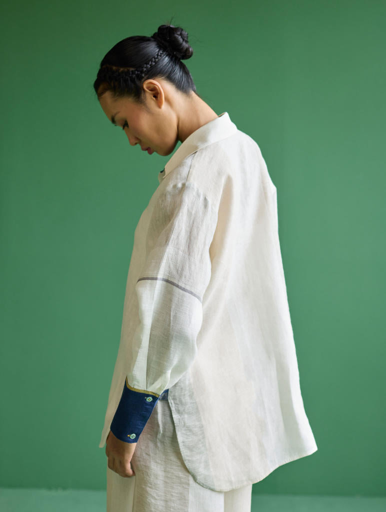 Yang Color-Blocked Metallic Linen Shirt
 - Ivory linen by Manan in ivory color for women Worldwide