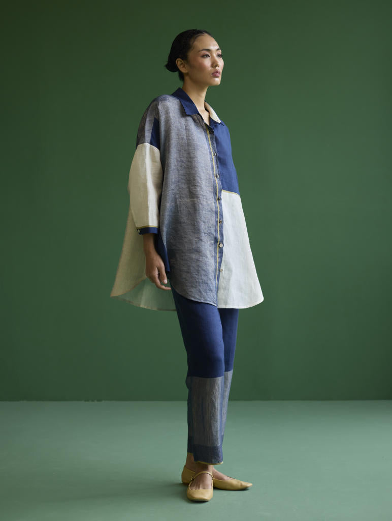 Esha Color-Blocked Shirt
 - Navy linen by Manan in navy color for women Worldwide