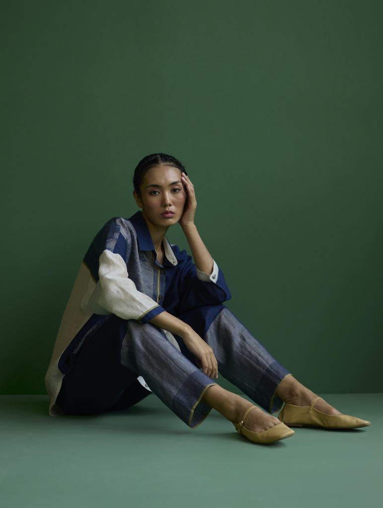 Esha Color-Blocked Shirt
 - Navy linen by Manan in navy color for women Worldwide