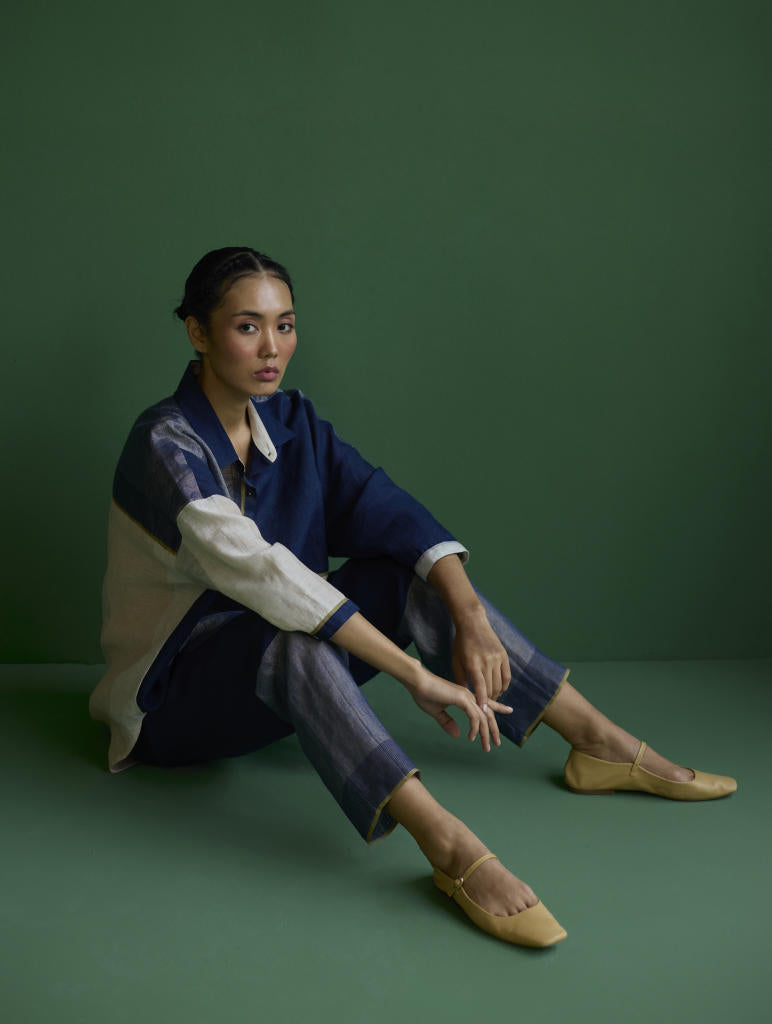 Esha Color-Blocked Shirt
 - Navy linen by Manan in navy color for women Worldwide