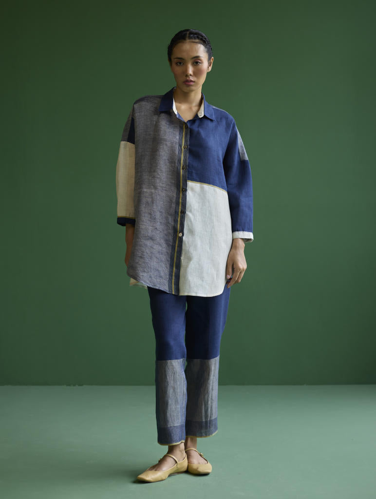 Esha Color-Blocked Shirt
 - Navy linen by Manan in navy color for women Worldwide