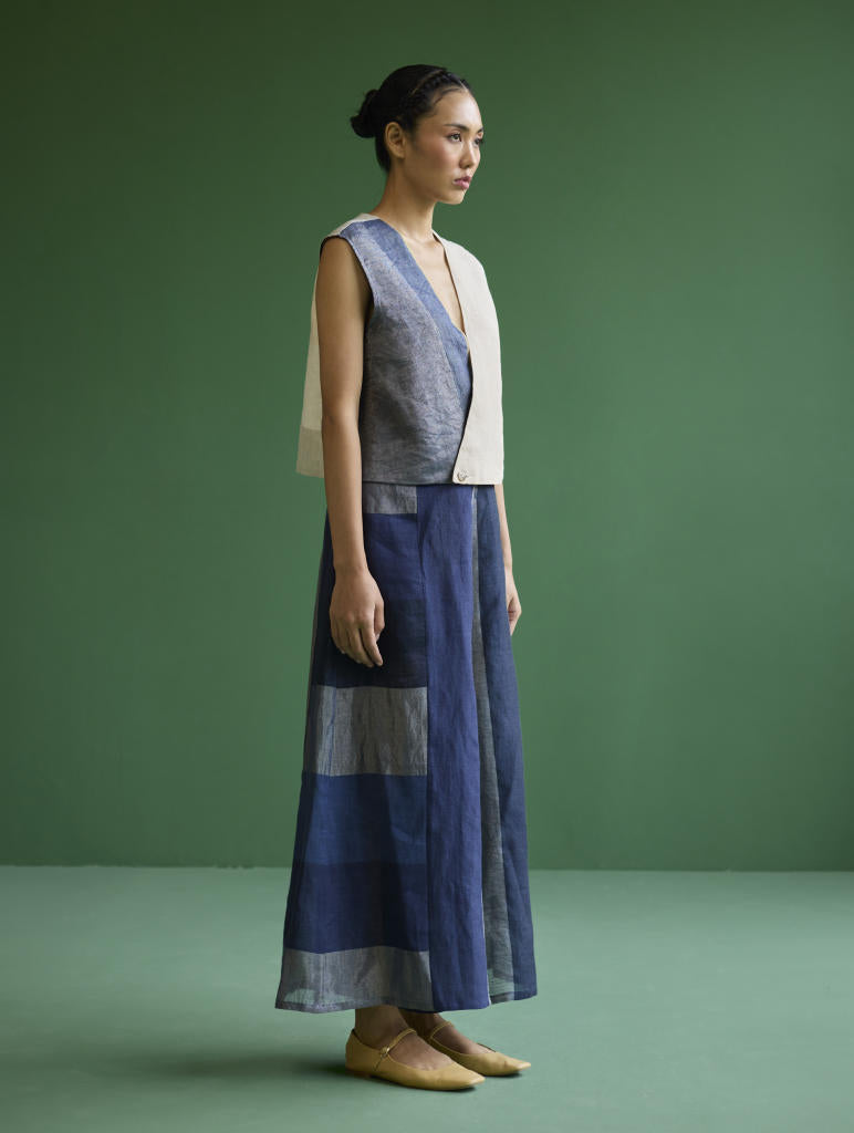 Izumi Color-Blocked Co-ord Set - Navy linen by Manan in navy color for women Worldwide