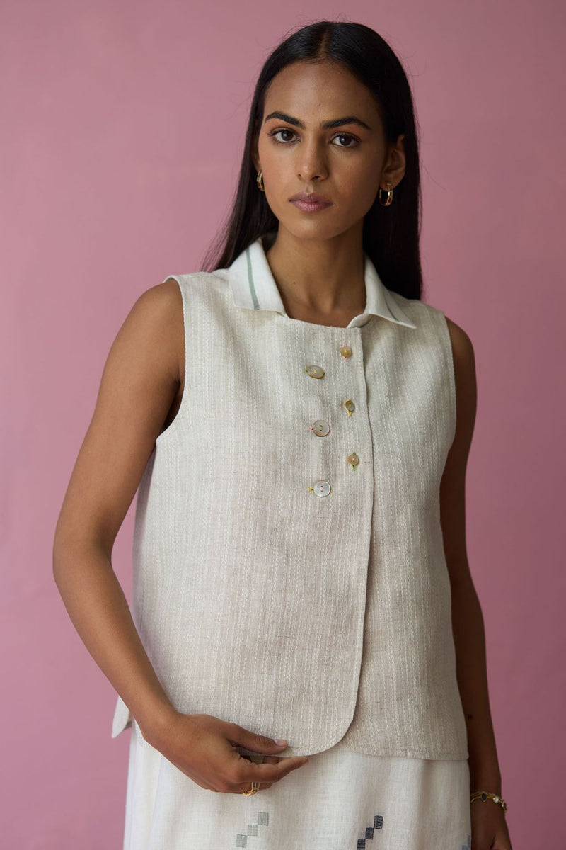 Cara Collared Jamdani Linen Co-ord Set - Ivory all linen by Manan in ivory color for women Worldwide