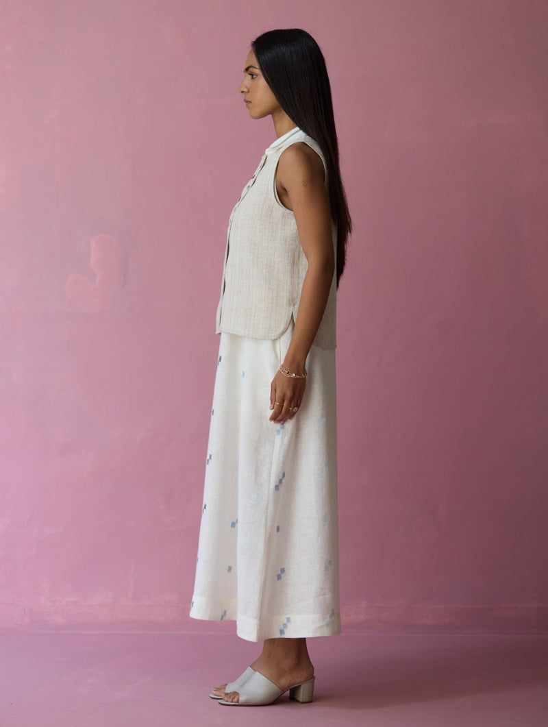 Cara Collared Jamdani Linen Co-ord Set - Ivory all linen by Manan in ivory color for women Worldwide