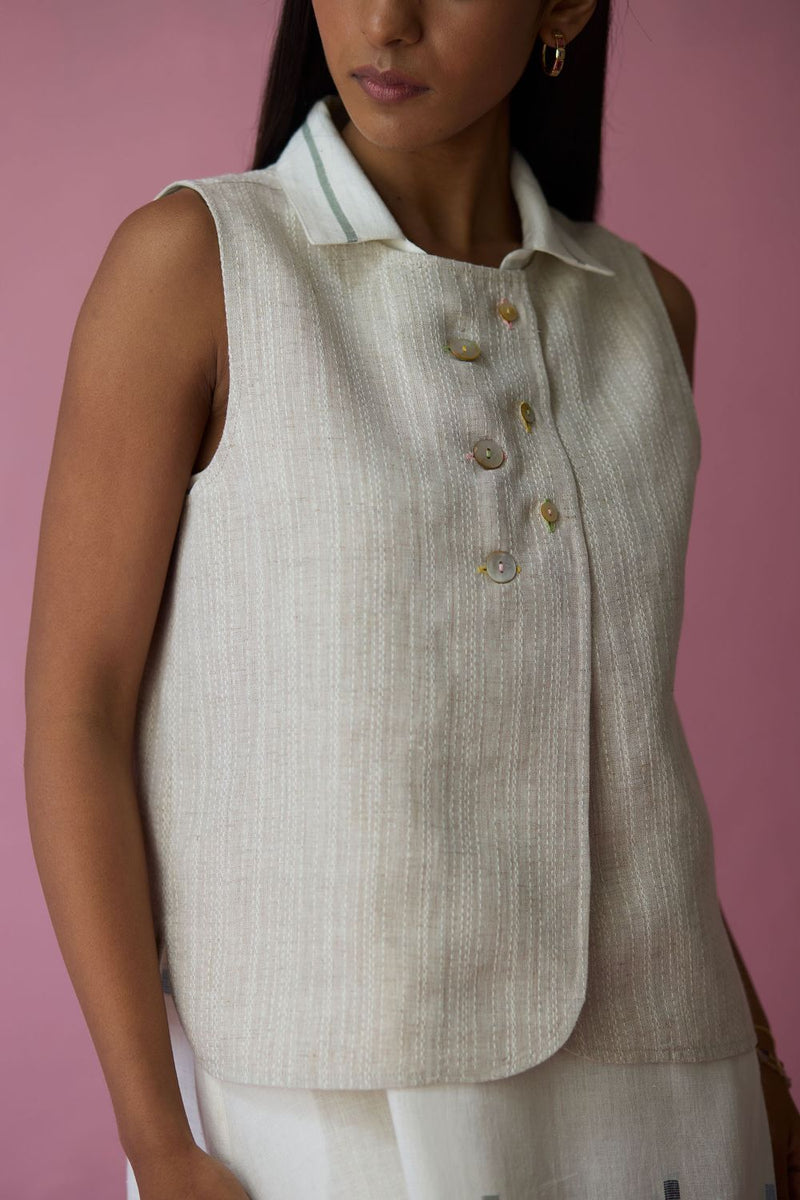 Cara Collared Jamdani Linen Co-ord Set - Ivory all linen by Manan in ivory color for women Worldwide