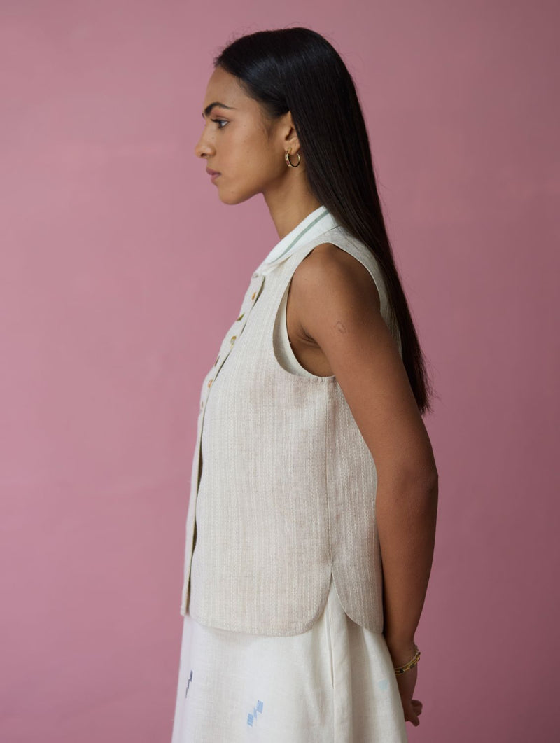 Cara Collared Jamdani Linen Co-ord Set - Ivory all linen by Manan in ivory color for women Worldwide