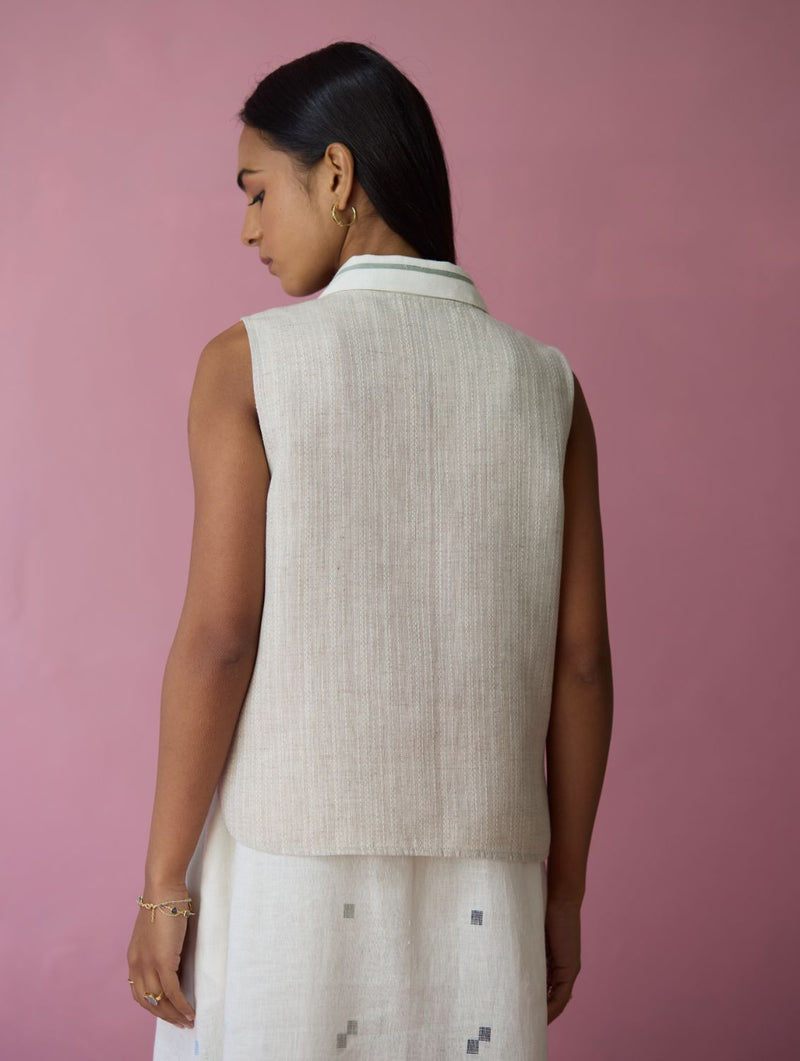 Cara Collared Jamdani Linen Co-ord Set - Ivory all linen by Manan in ivory color for women Worldwide