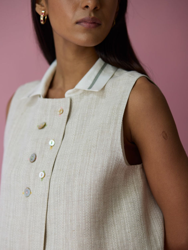 Cara Collared Jamdani Linen Co-ord Set - Ivory all linen by Manan in ivory color for women Worldwide